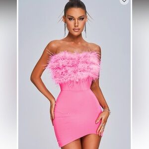 Strapless feather pink mini dress